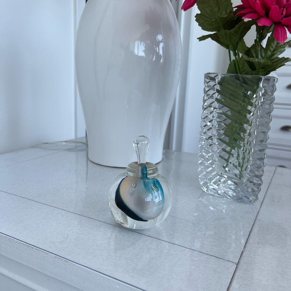 KARG Signed Art Glass Sculpture Perfume Bottle Blue, White & Cream Swirls.